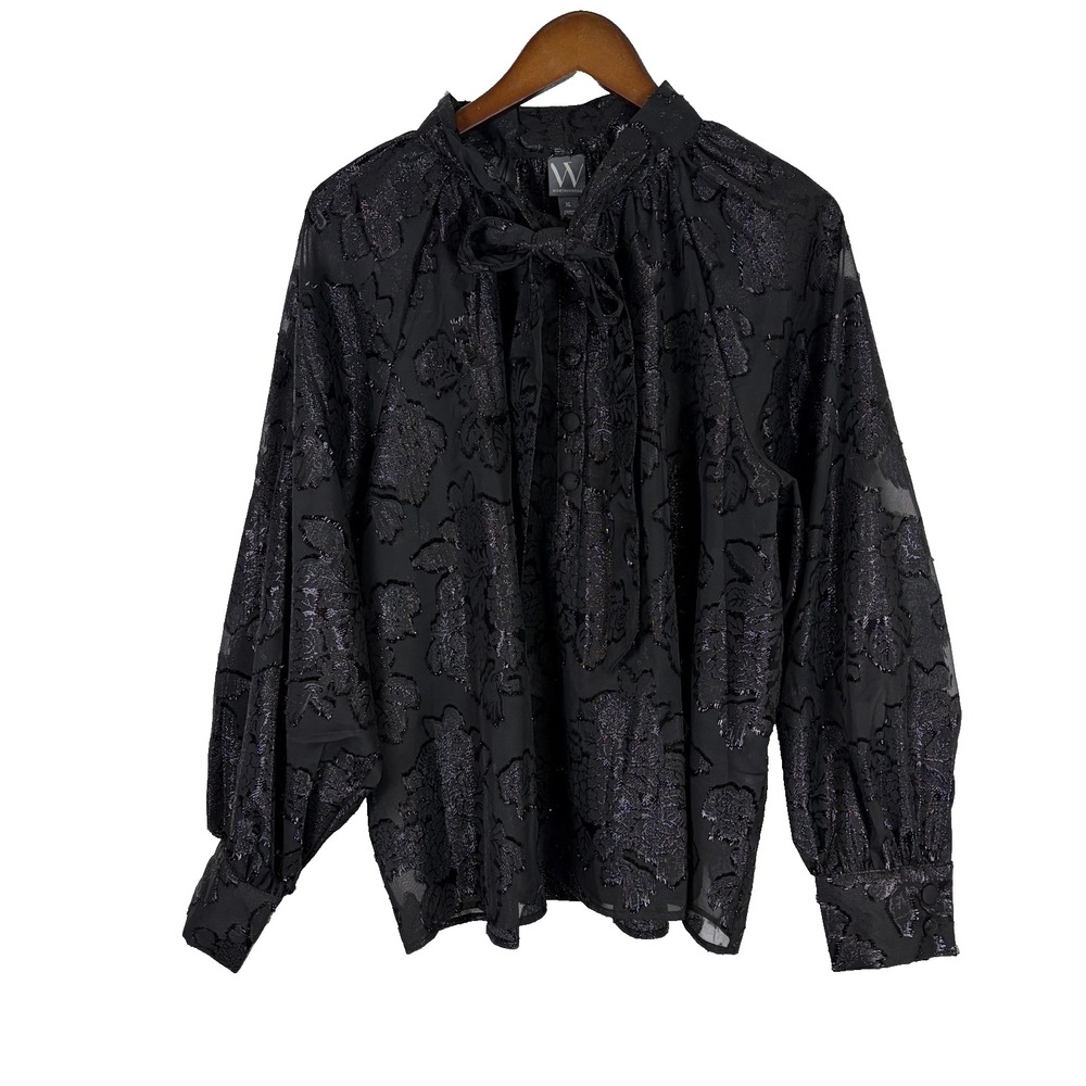 Worthington Woman's Blouse Size XL Black Tie Whimsigoth Sheer Sparkle Floral